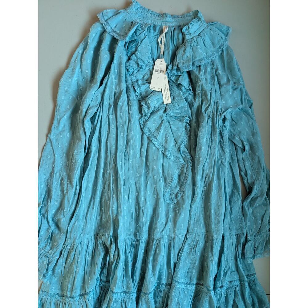 NWT By Anthropologie Long-Sleeve V-Neck Ruffled Tunic Dress Sz S TURQUOISE NA452 - Picture 4 of 9
